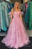 Pink A Line Off the Shoulder Floral Printed Long Prom Dresses