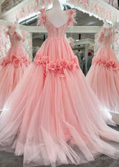 Pink A-Line Off The Shoulder Lace Tulle Long Prom Dress, Sweet 16 Dress