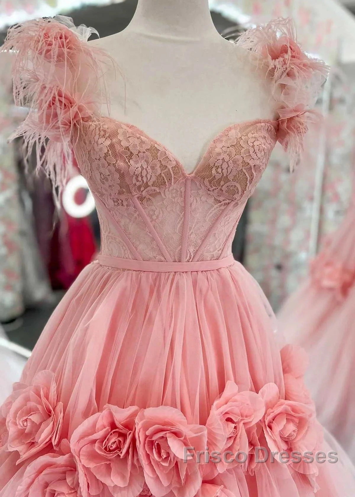Pink A-Line Off The Shoulder Lace Tulle Long Formal Prom Dress, Sweet 16 Dress
