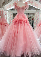 Pink A-Line Off The Shoulder Lace Tulle Long Formal Prom Dress, Sweet 16 Dress