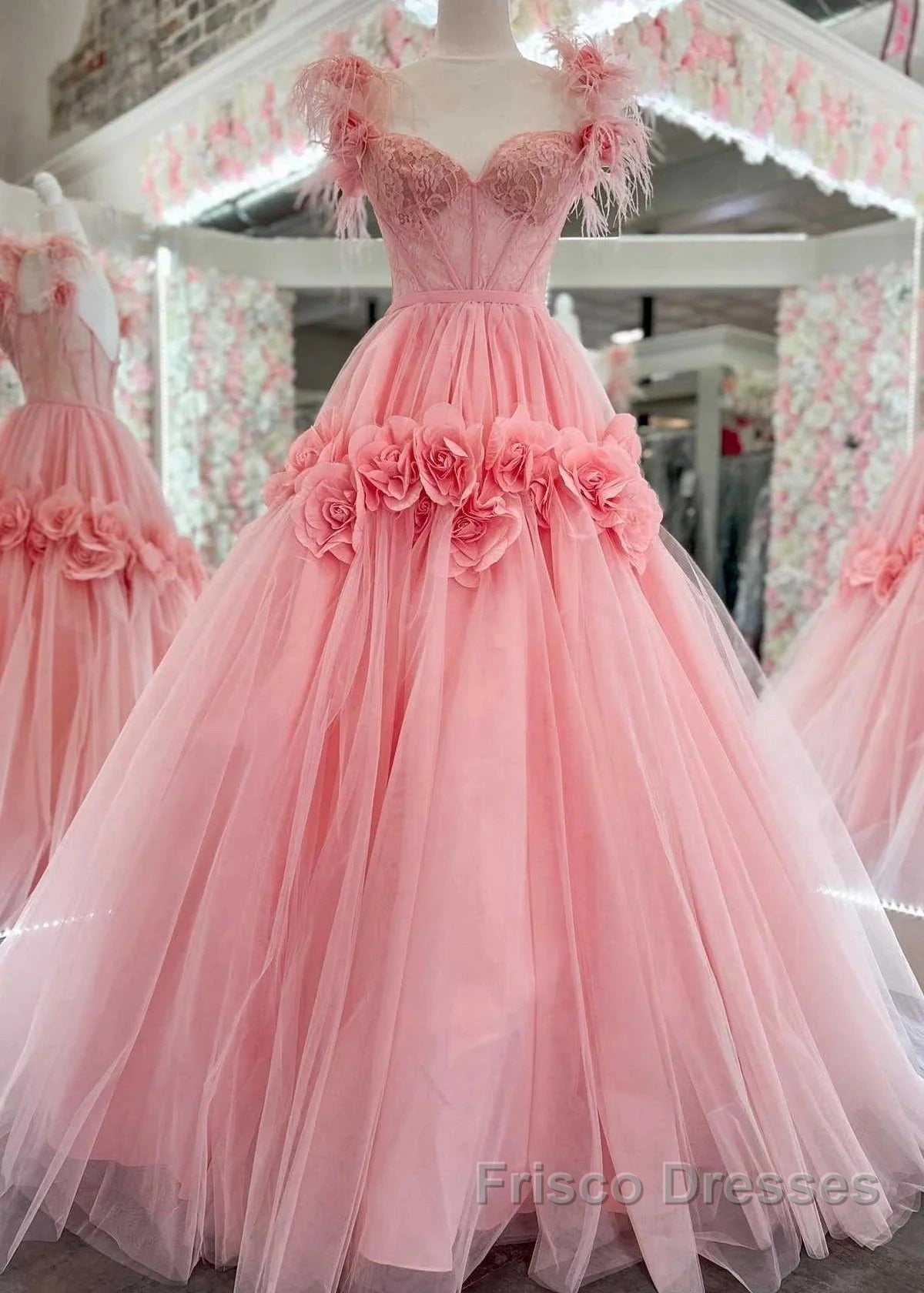 Pink A-Line Off The Shoulder Lace Tulle Long Formal Prom Dress, Sweet 16 Dress