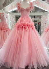 Pink A-Line Off The Shoulder Lace Tulle Long Prom Dress, Sweet 16 Dress