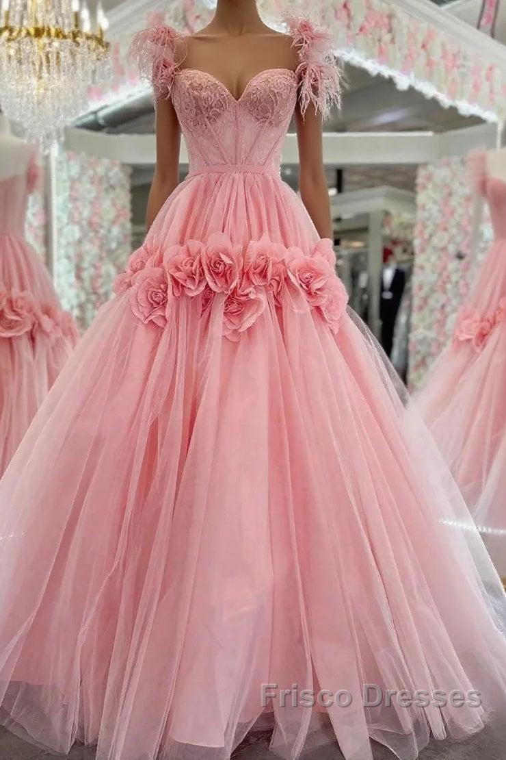 Pink A-Line Off The Shoulder Lace Tulle Long Formal Prom Dress, Sweet 16 Dress Main image
