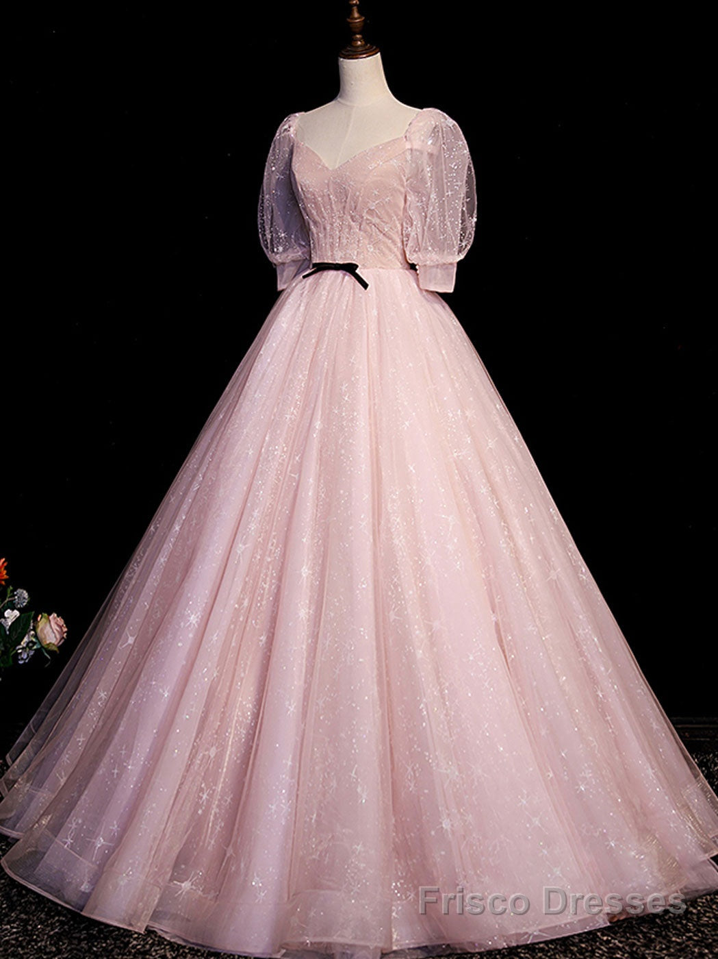 Pink A Line Puffy Sleeves Tulle Long Prom Dress, Pink Sweet 16 Dress Secondary image