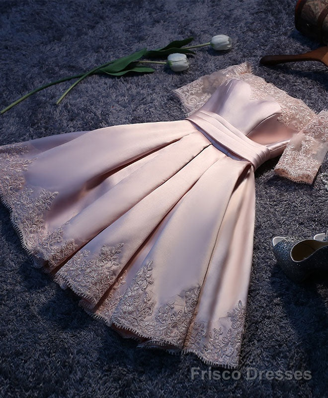 Pink A Line Satin Lace Short Prom Dress, Pink Homecoming Dress Main image