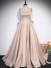 Pink A Line Satin Long Prom Dress Formal Evening Dresses