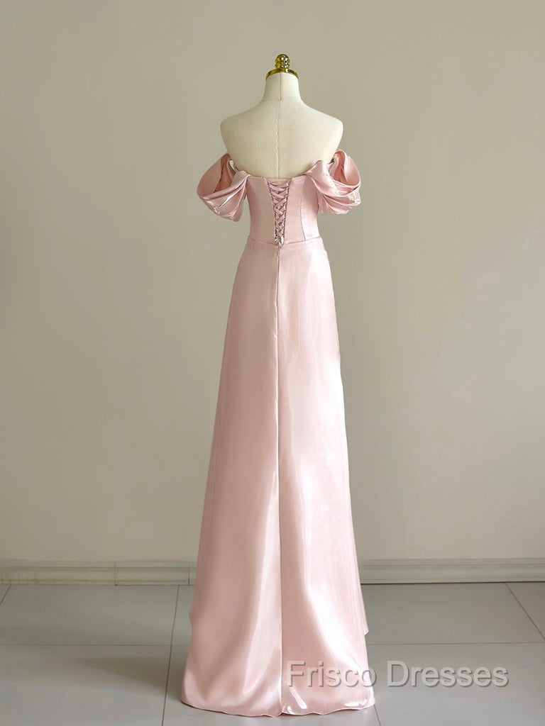 Pink A-Line Satin Long Formal Prom Dress, Off Shoulder Pink Long Formal Dress Secondary image