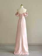 Pink A-Line Satin Long Formal Prom Dress, Off Shoulder Pink Long Formal Dress