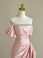 Pink A-Line Satin Long Formal Prom Dress, Off Shoulder Pink Long Formal Dress