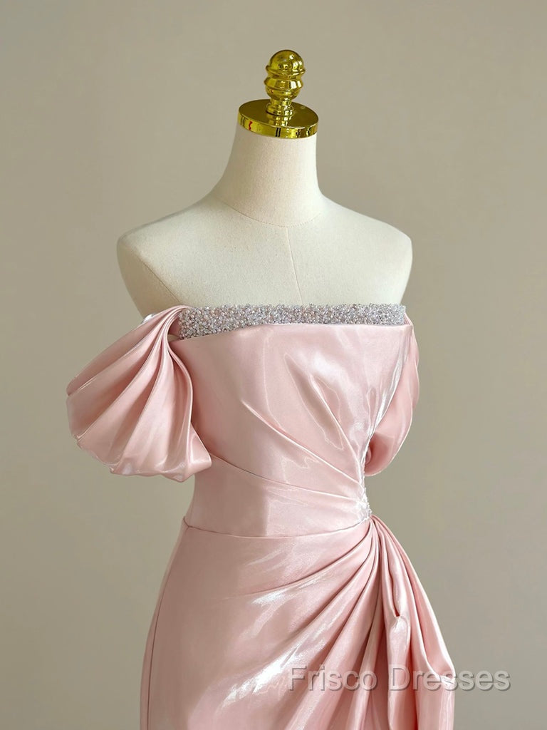 Pink A-Line Satin Long Formal Prom Dress, Off Shoulder Pink Long Formal Dress