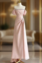 Pink A-Line Satin Long Formal Prom Dress, Off Shoulder Pink Long Formal Dress