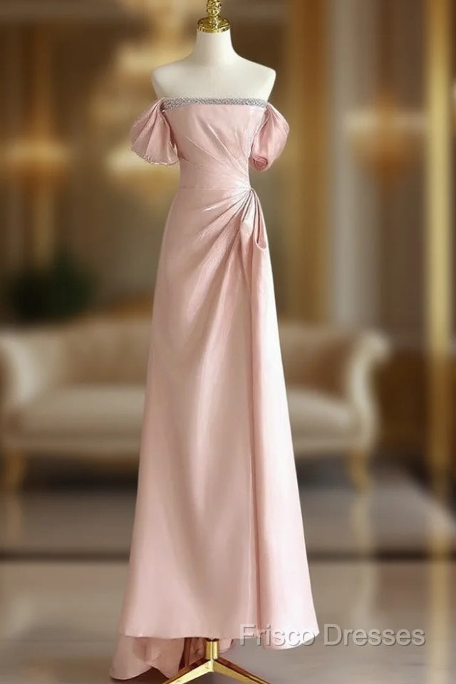 Pink A-Line Satin Long Formal Prom Dress, Off Shoulder Pink Long Formal Dress