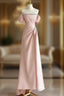 Pink A-Line Satin Long Formal Prom Dress, Off Shoulder Pink Long Formal Dress