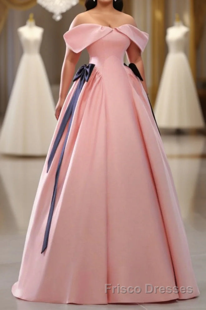 Pink A-Line Satin Off Shoulder Long Formal Prom Dresses, Pink Formal Evening Dresses