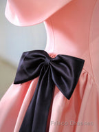 Pink A-Line Satin Off Shoulder Long Formal Prom Dresses, Pink Formal Evening Dresses