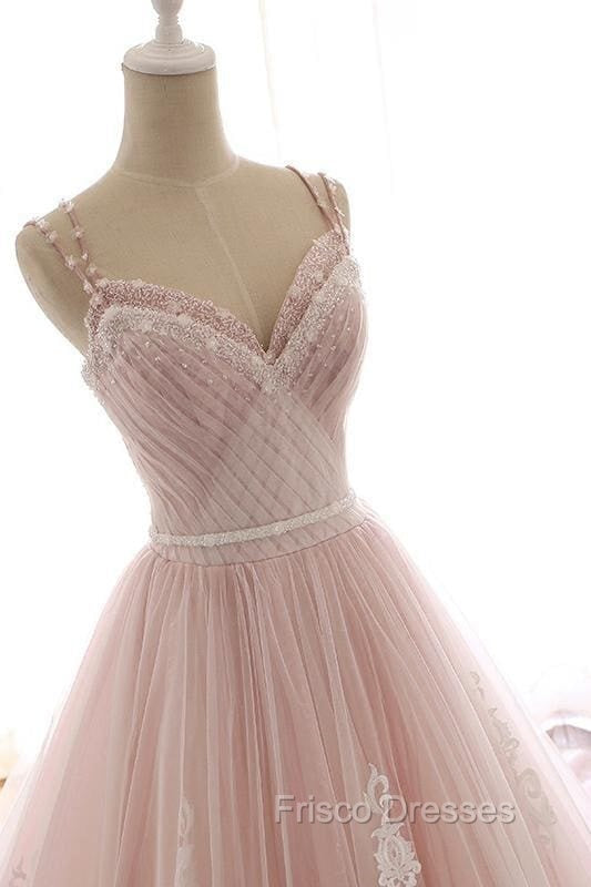 Pink A Line Spaghetti Strap Tulle Beaded Long Formal Prom Dress Sweet Applique Wedding Dress Secondary image