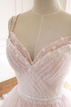 Pink A Line Spaghetti Strap Tulle Beaded Long Formal Prom Dress Sweet Applique Wedding Dress