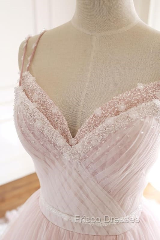 Pink A Line Spaghetti Strap Tulle Beaded Long Formal Prom Dress Sweet Applique Wedding Dress