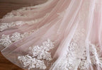 Pink A Line Spaghetti Strap Tulle Beaded Long Formal Prom Dress Sweet Applique Wedding Dress