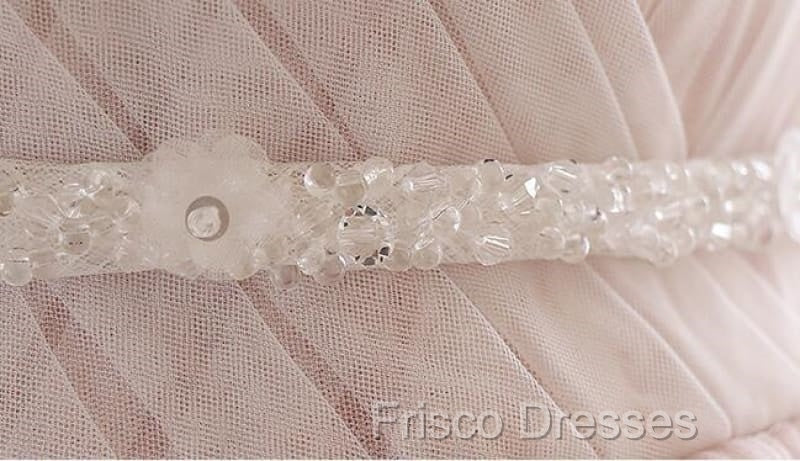 Pink A Line Spaghetti Strap Tulle Beaded Long Formal Prom Dress Sweet Applique Wedding Dress