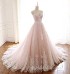 Pink A Line Spaghetti Strap Tulle Beaded Long Formal Prom Dress Sweet Applique Wedding Dress