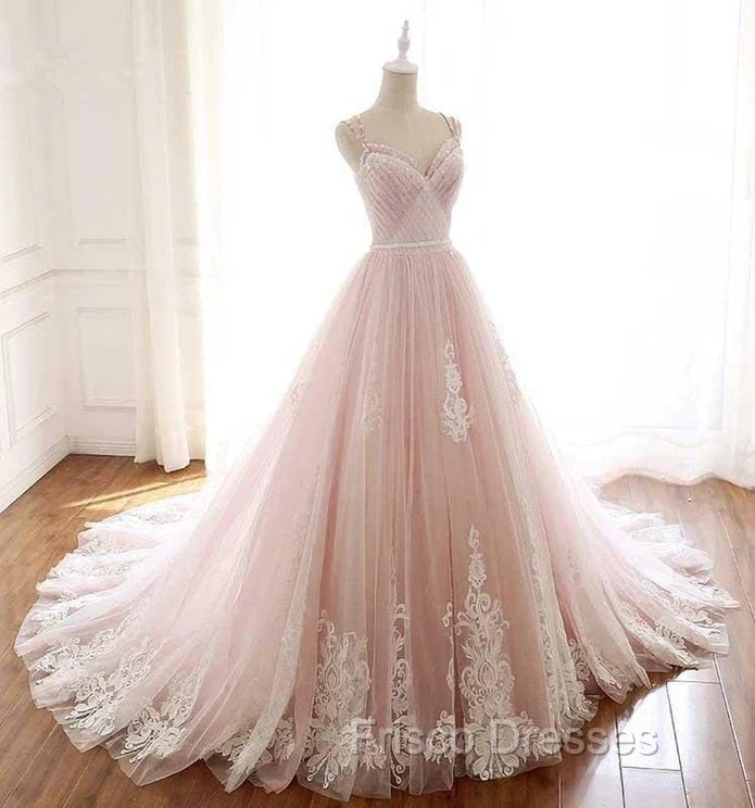 Pink A Line Spaghetti Strap Tulle Beaded Long Formal Prom Dress Sweet Applique Wedding Dress