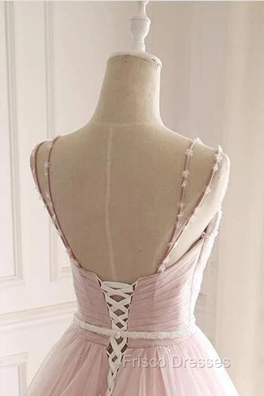 Pink A Line Spaghetti Strap Tulle Beaded Long Formal Prom Dress Sweet Applique Wedding Dress
