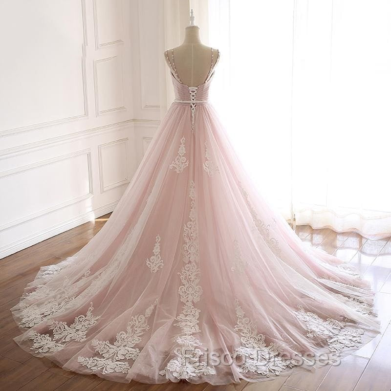 Pink A Line Spaghetti Strap Tulle Beaded Long Formal Prom Dress Sweet Applique Wedding Dress