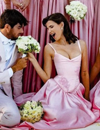 Pink A Line Spaghetti Straps Appliques Satin Long Prom Dress Evening Dress