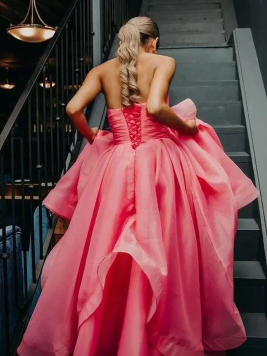 Pink A Line Strapless Organza Prom Dress ﻿