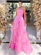Pink A Line Strapless Organza Prom Dress ﻿