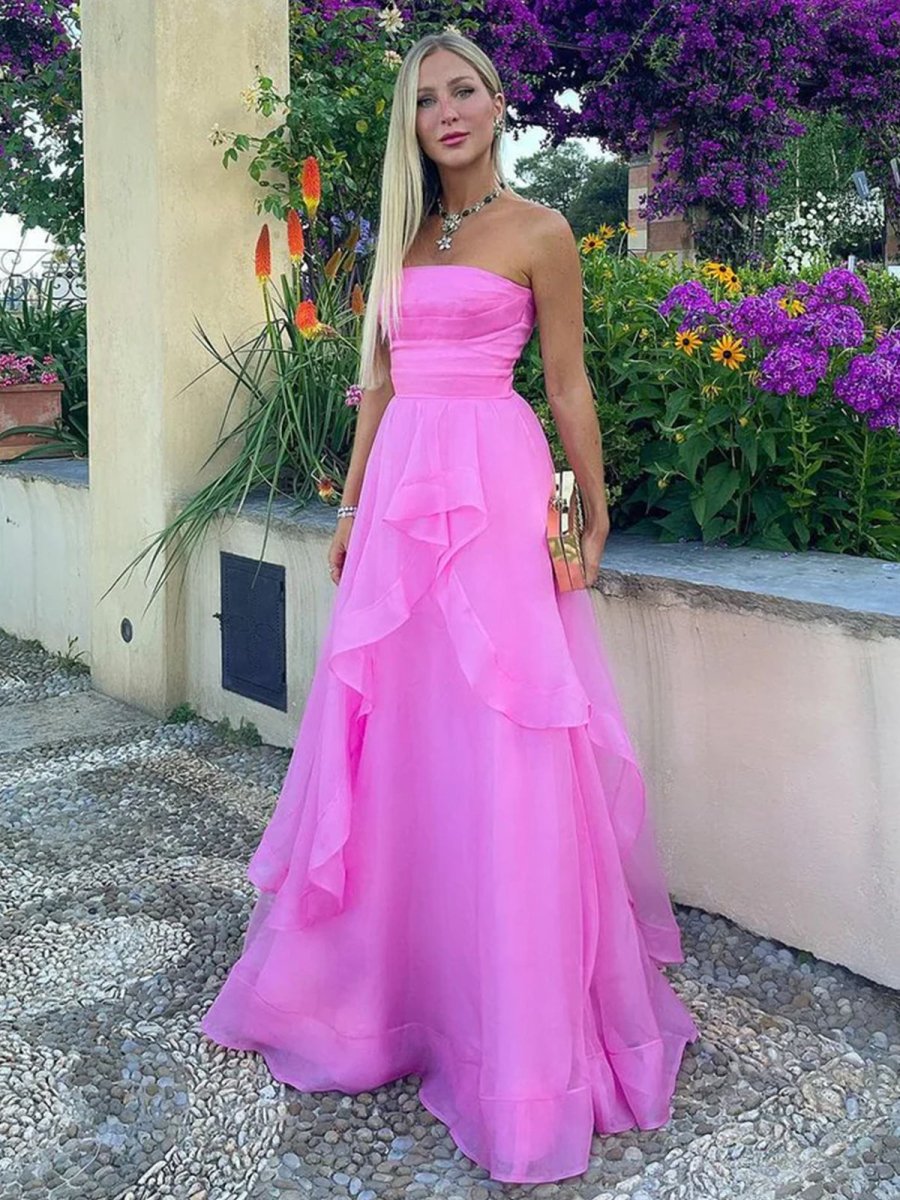 Pink A Line Strapless Organza Prom Dress ﻿ Secondary image