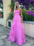 Pink A Line Strapless Organza Prom Dress ﻿