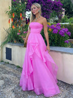Pink A Line Strapless Organza Prom Dress ﻿