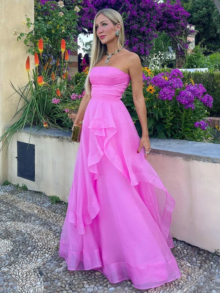 Pink A Line Strapless Organza Prom Dress ﻿