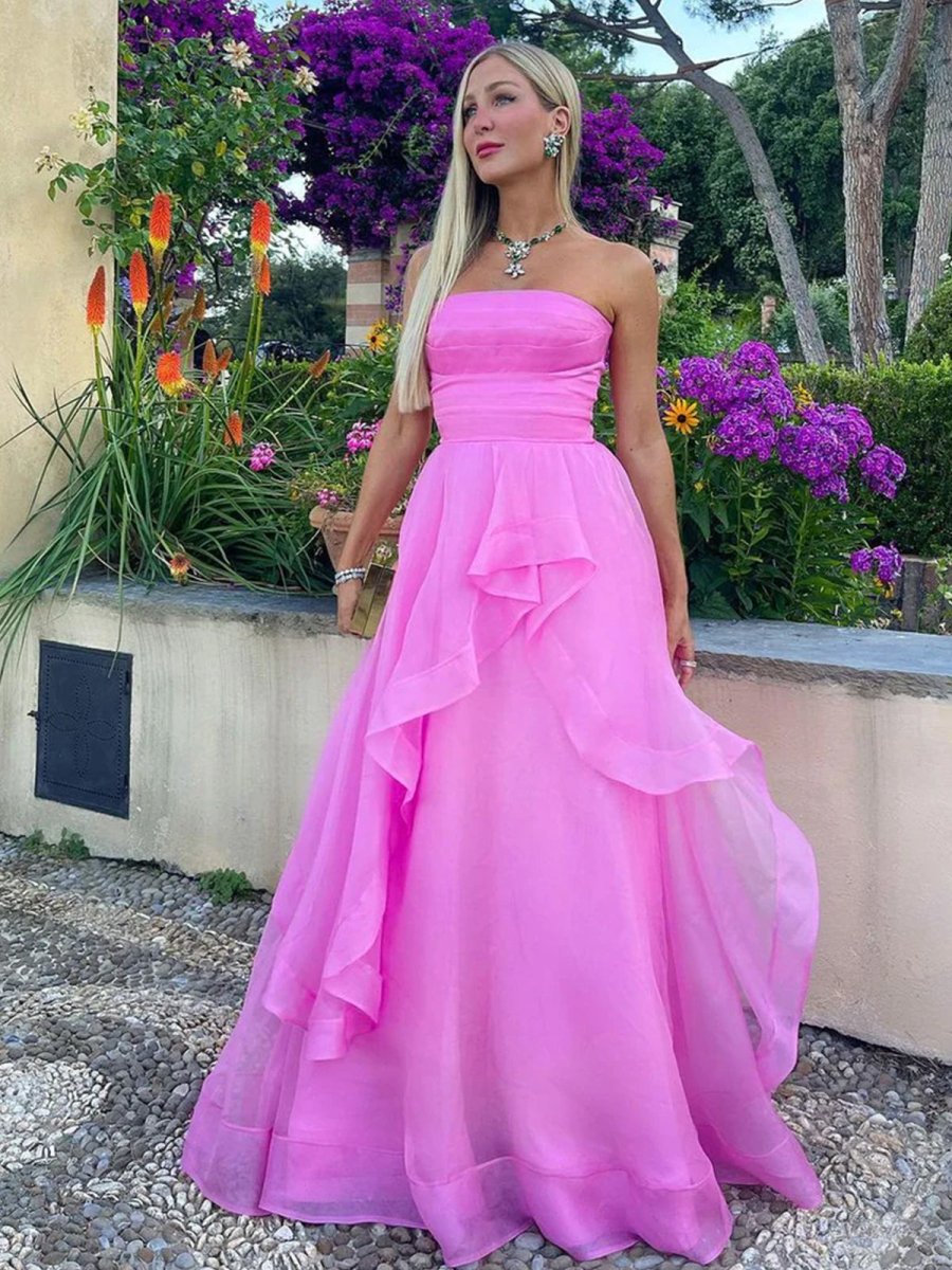 Pink A Line Strapless Organza Prom Dress ﻿