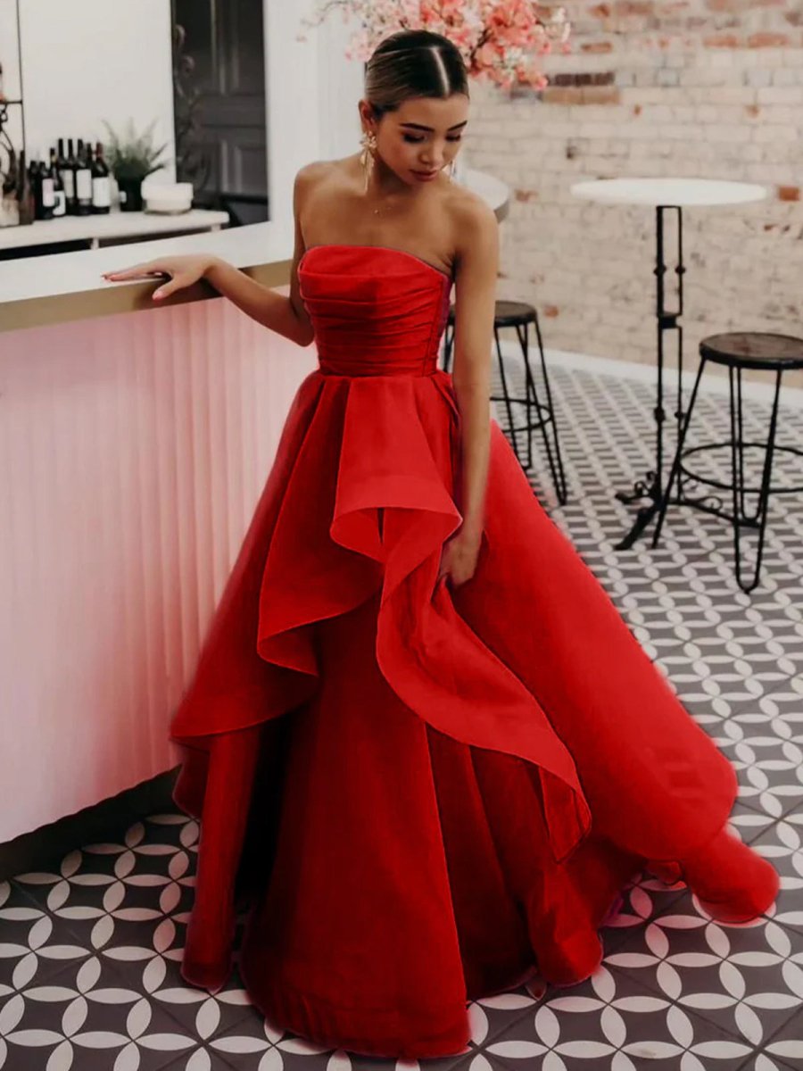Pink A Line Strapless Organza Prom Dress ﻿