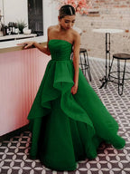 Pink A Line Strapless Organza Prom Dress ﻿