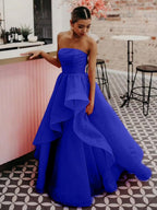 Pink A Line Strapless Organza Prom Dress ﻿