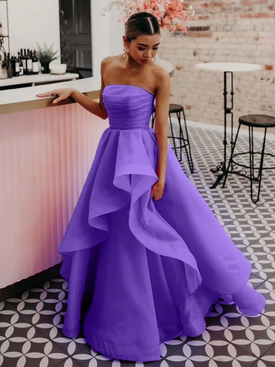 Pink A Line Strapless Organza Prom Dress ﻿