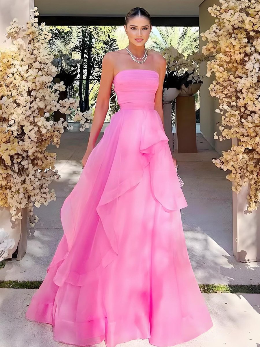Pink A Line Strapless Organza Prom Dress ﻿ Main image
