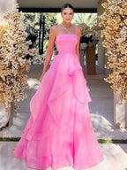 Pink A Line Strapless Organza Prom Dress ﻿