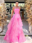 Pink A Line Strapless Organza Prom Dress ﻿
