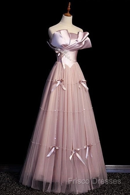 Pink A-Line Strapless Satin Tulle Long Formal Prom Dress Graduation Formal Prom Birthday Dress