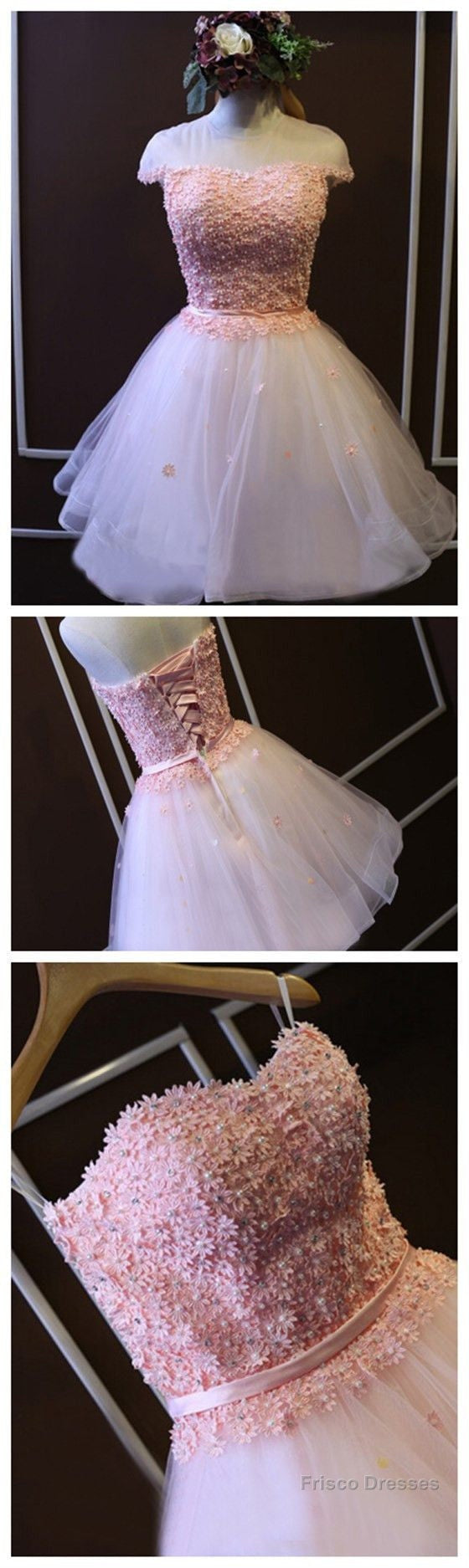 Pink  A-Line Strapless Sweetheart  Lace Beads Flower Appliques Lace Up Back Tulle Above Knee Length Homecoming Dress Secondary image