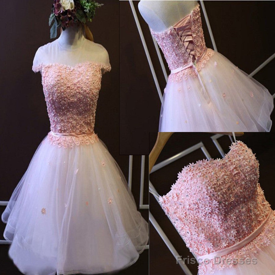 Pink  A-Line Strapless Sweetheart  Lace Beads Flower Appliques Lace Up Back Tulle Above Knee Length Homecoming Dress Main image