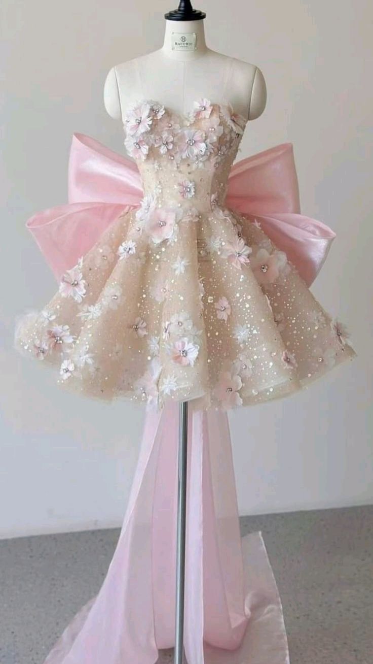 Pink A Line Sweetheart Neck Floral Sequin Tulle Homecoming Dress With Bow