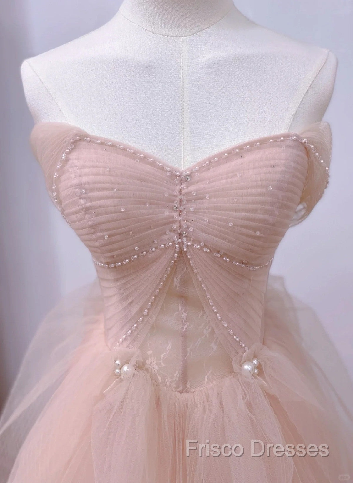 Pink A-Line Tulle Beaded Off Shoulder Long Party Dress, Pink Tulle Formal Prom Dress Secondary image