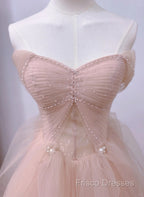 Pink A-Line Tulle Beaded Off Shoulder Long Party Dress, Pink Tulle Formal Prom Dress