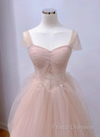 Pink A-Line Tulle Beaded Off Shoulder Long Party Dress, Pink Tulle Formal Prom Dress
